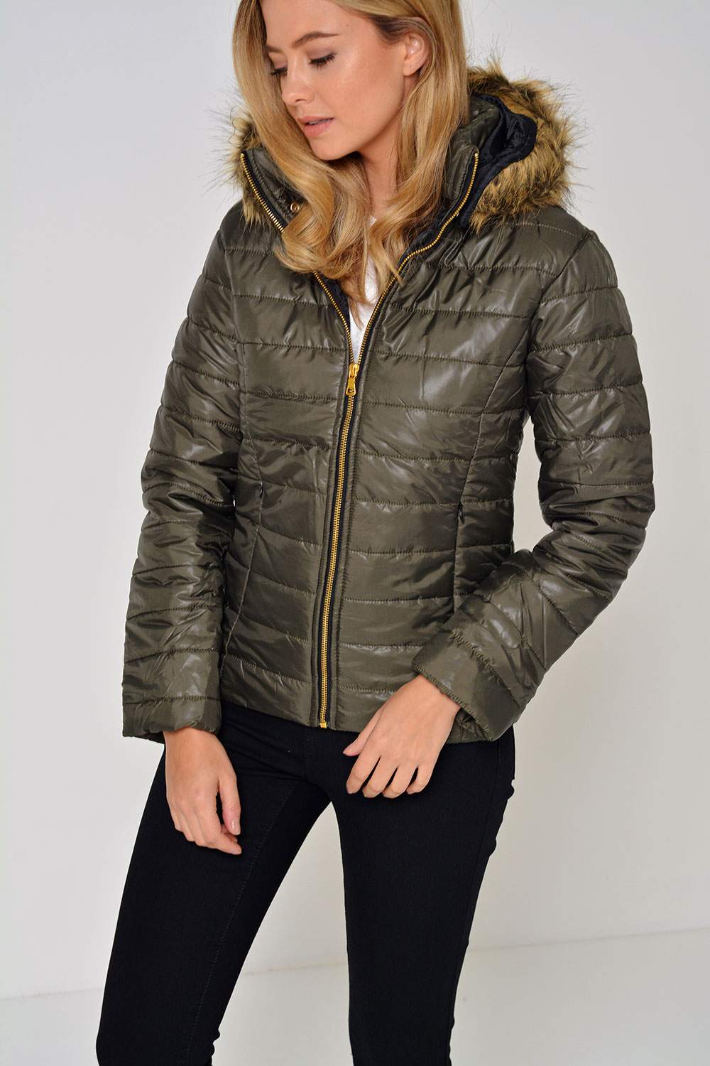 Talia Fur Hood Puffer Jacket in Khaki | iCLOTHING - iCLOTHING