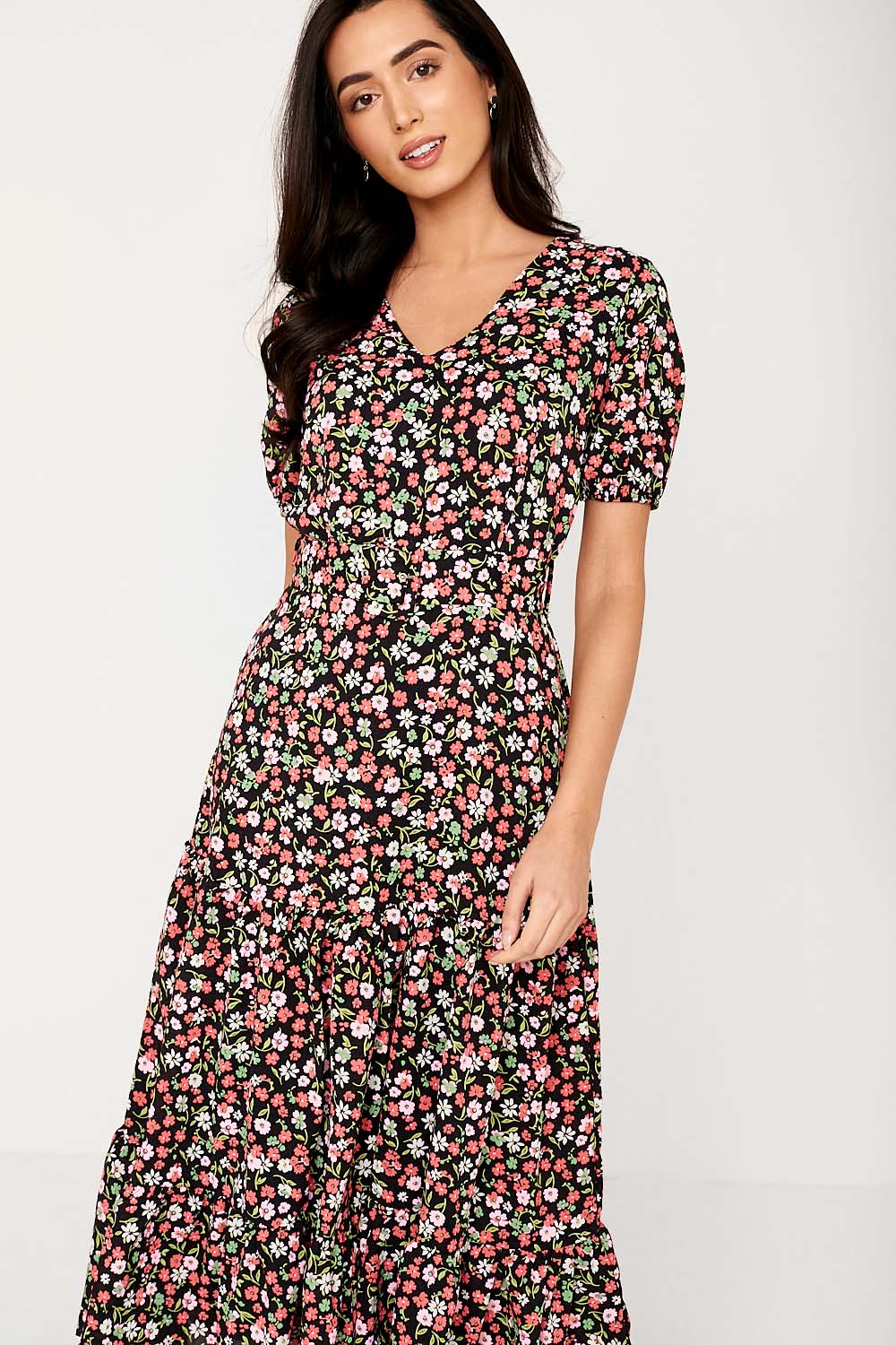 Marc Angelo Abbie Puff Sleeve Belted Midi Dress in Black Floral ...