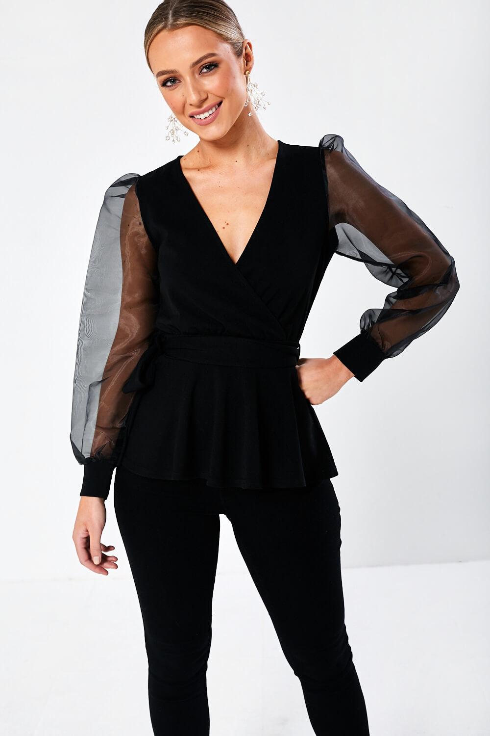 Evita Anne Puff Sleeve V Neck Top in Black | iCLOTHING - iCLOTHING