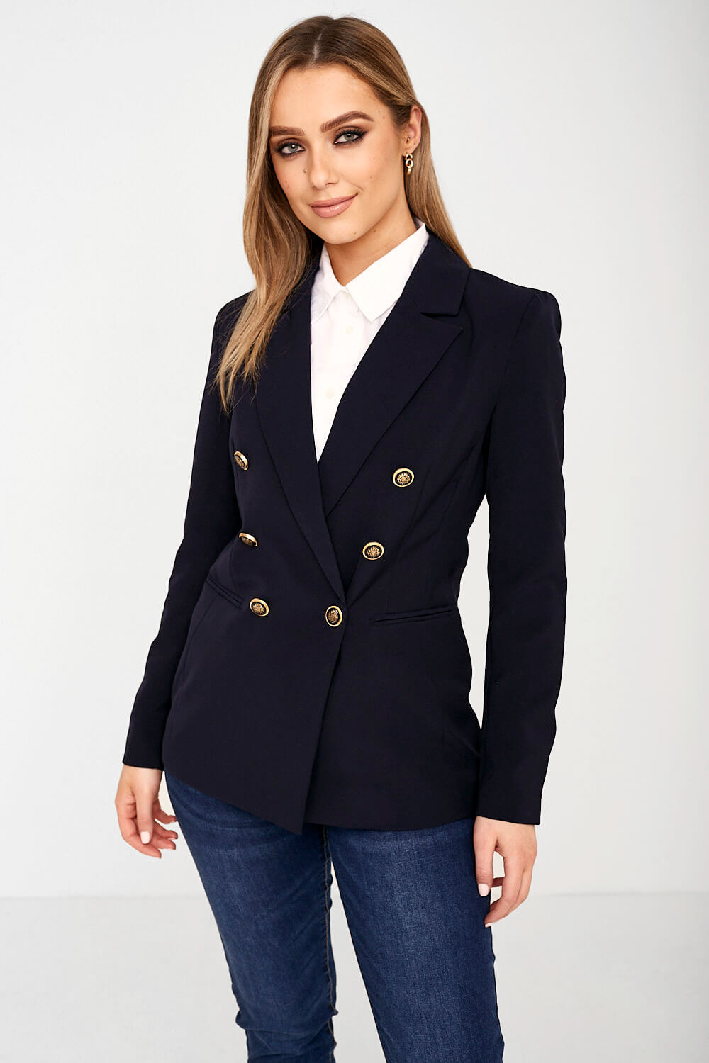 Only Astrid Gold Button Fitted Blazer in Navy | iCLOTHING - iCLOTHING