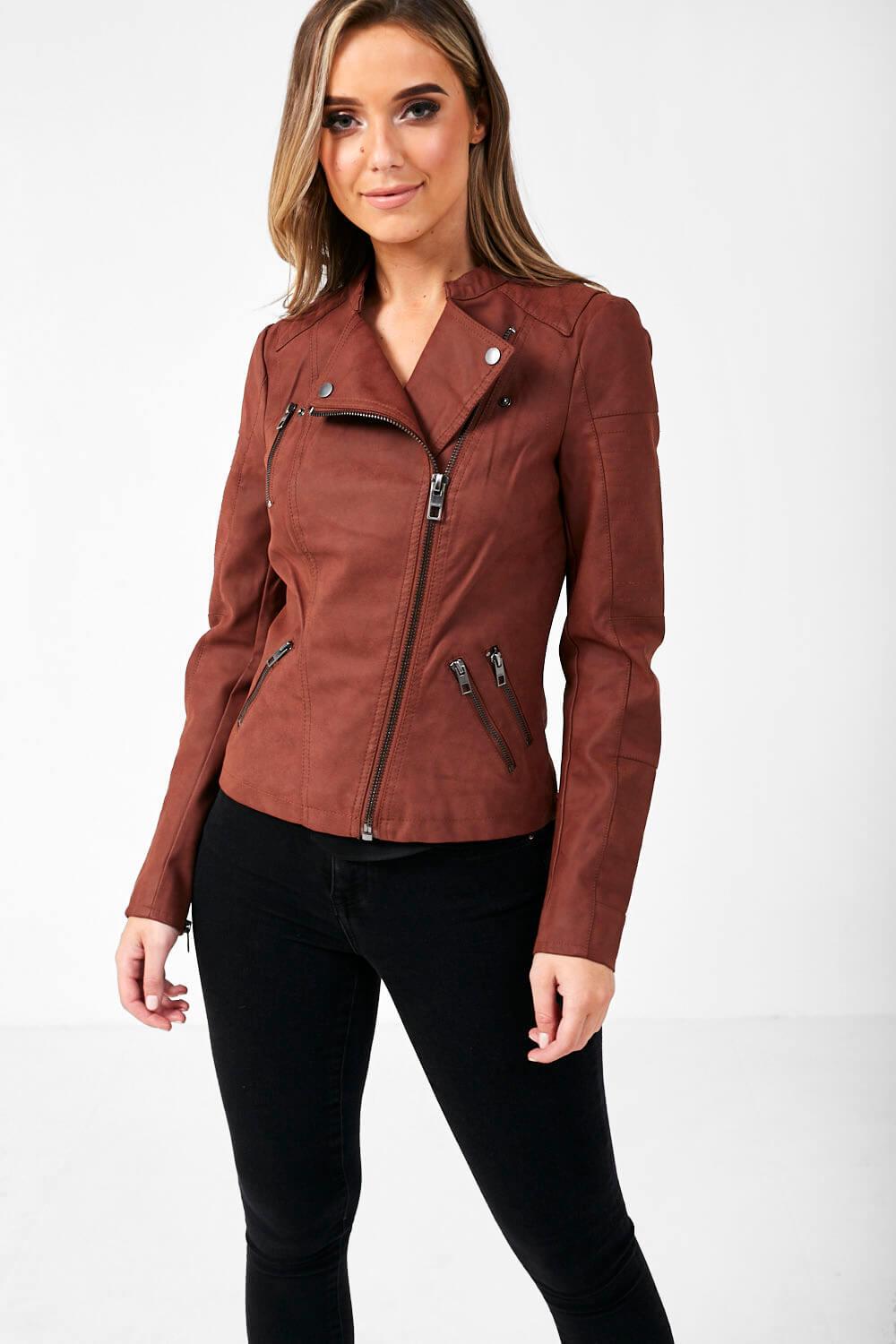 overtuigen Editie Klein Only Ava Faux Leather Biker Jacket in Mahogany | iCLOTHING - iCLOTHING