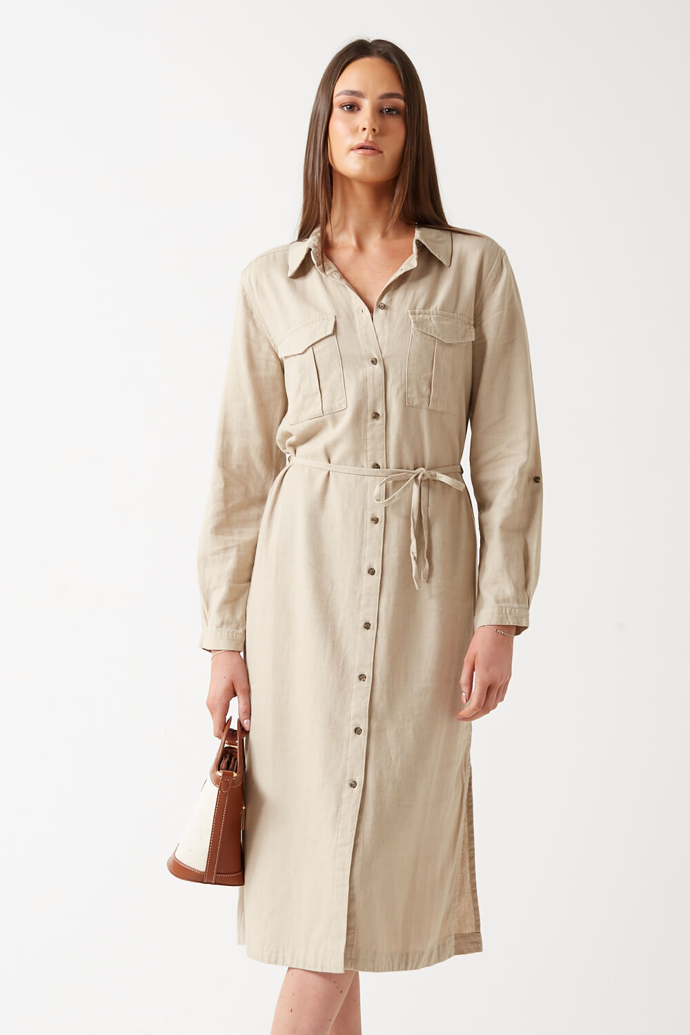 Only Caro Linen Shirt Dress in Beige | iCLOTHING - iCLOTHING