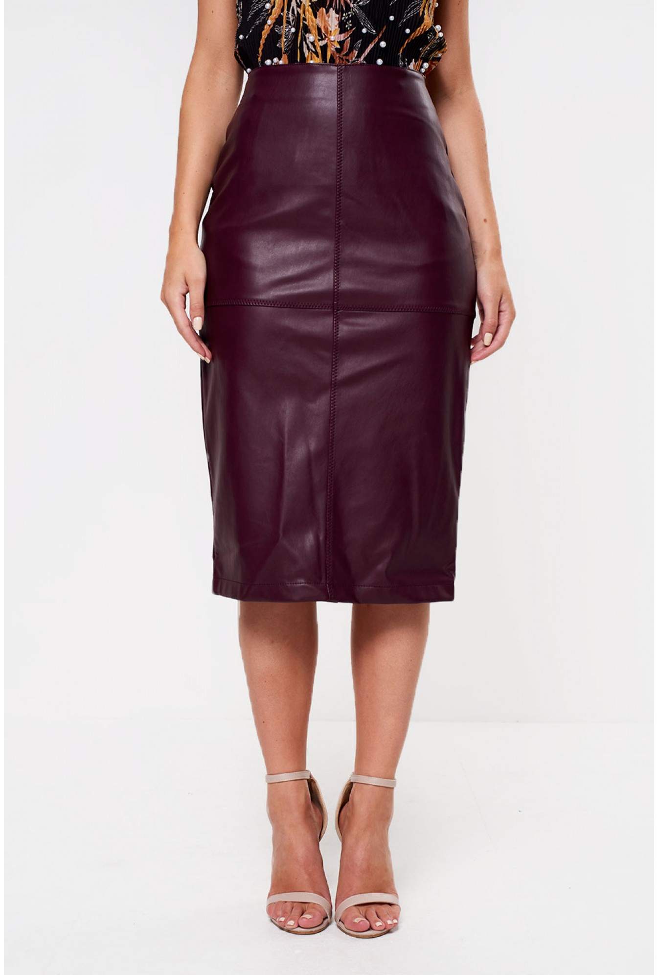Vila Pen Faux Leather Midi Pencil Skirt in Wine | iCLOTHING
