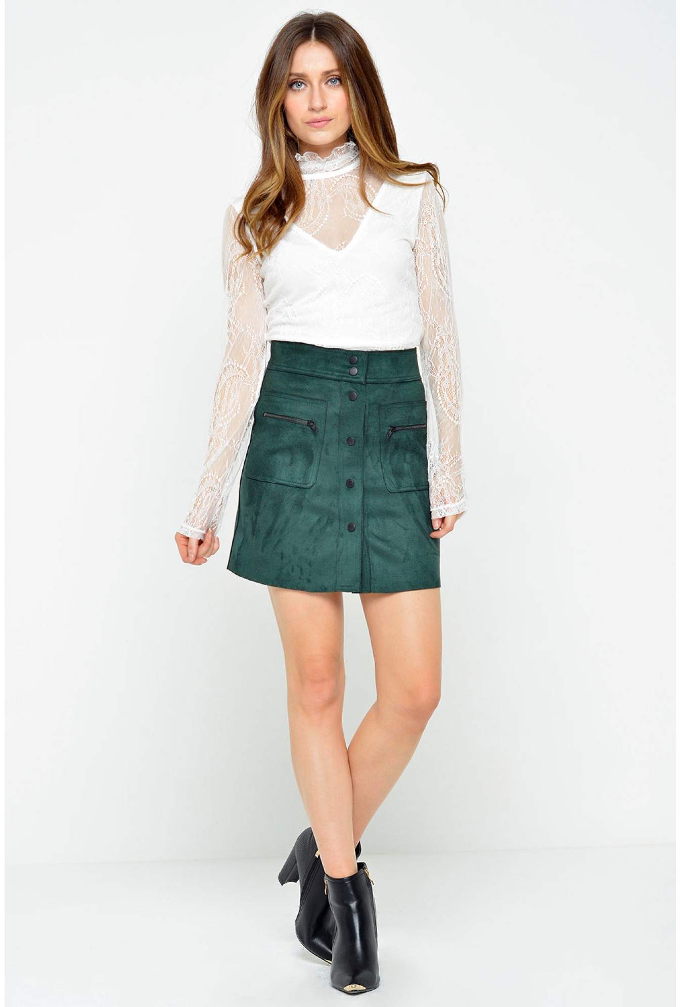 green suede skirt