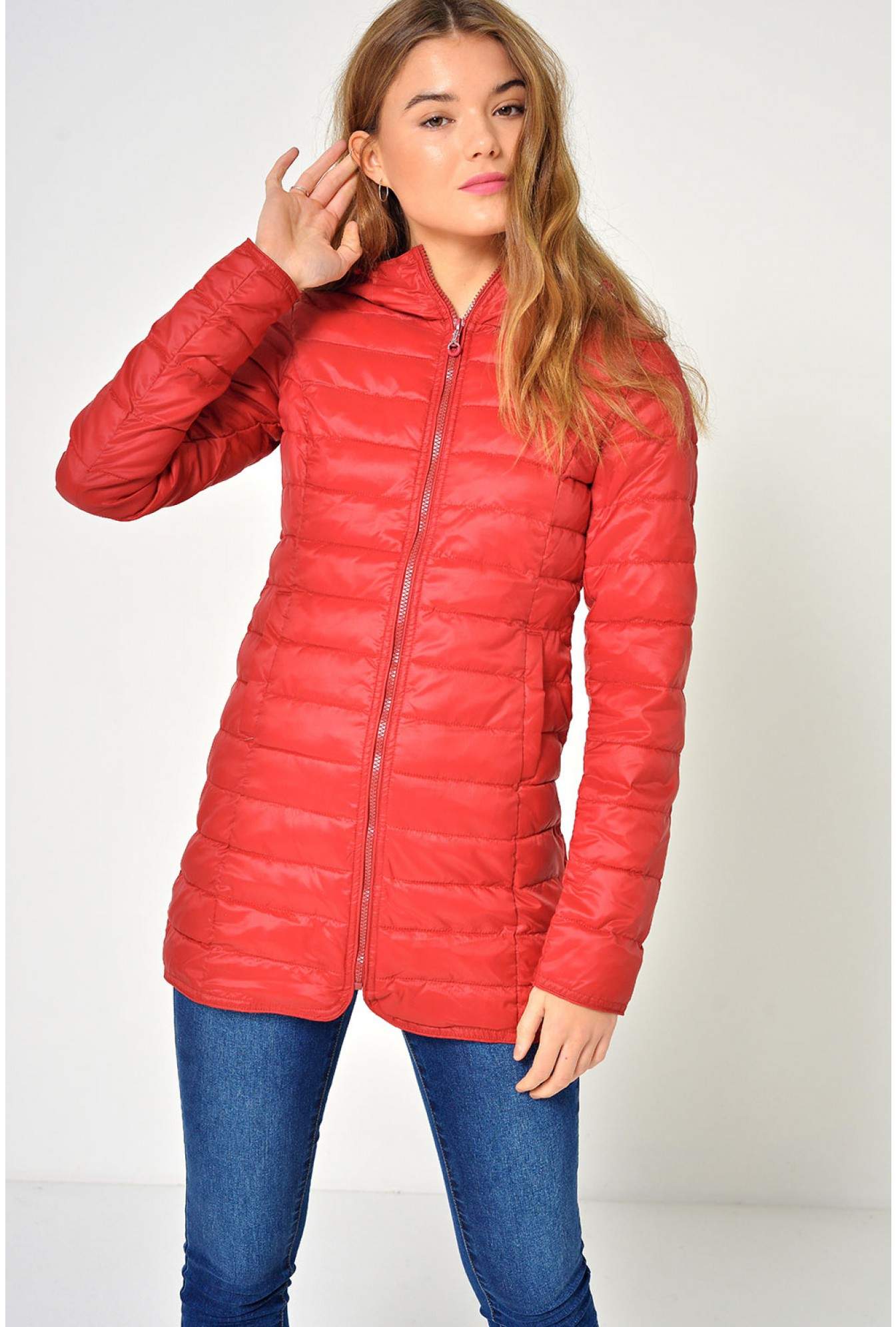 Only Tahoe Long Quilted Jacket in Red 