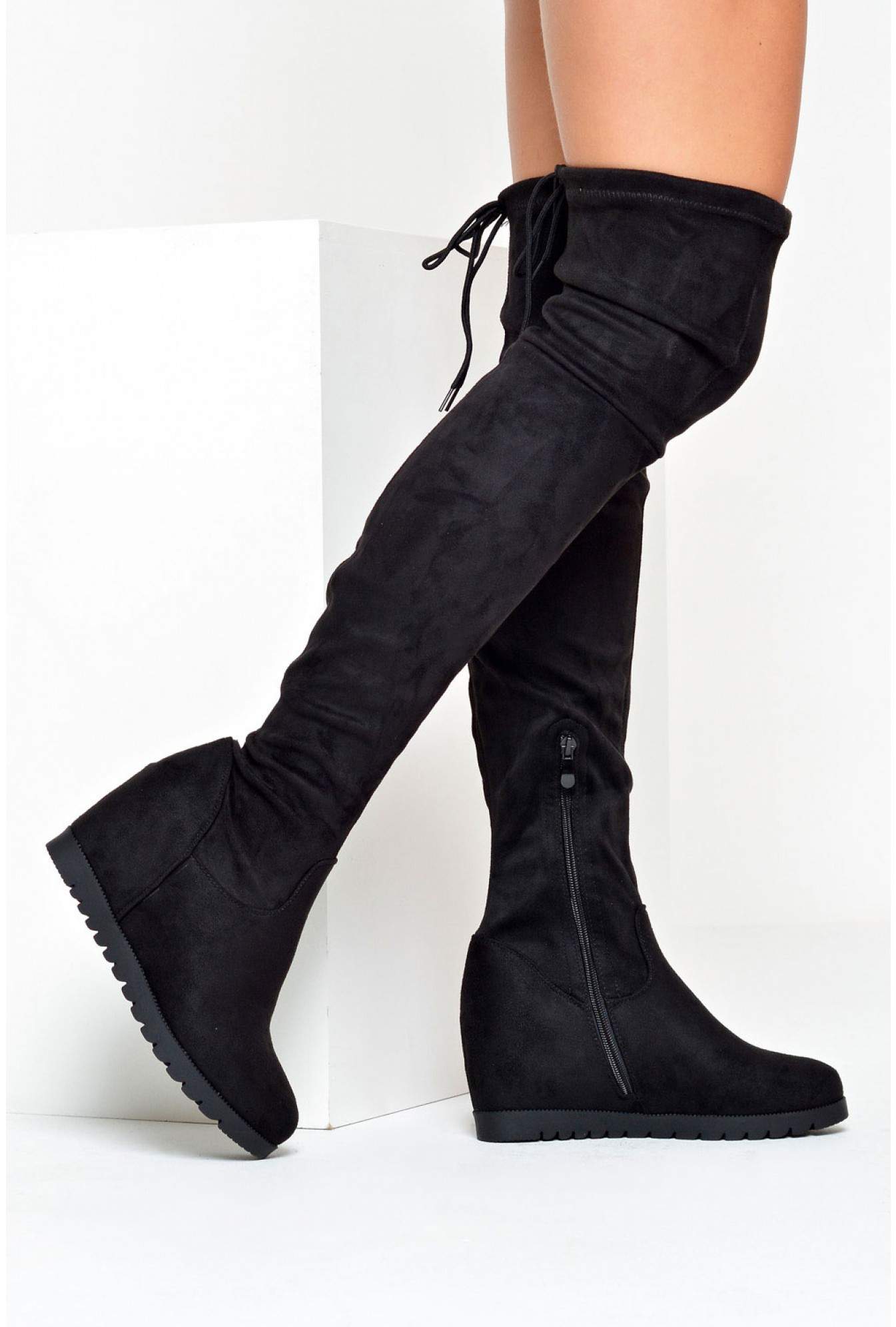 No Doubt Molly Over The Knee Wedge Boots in Black | iCLOTHING