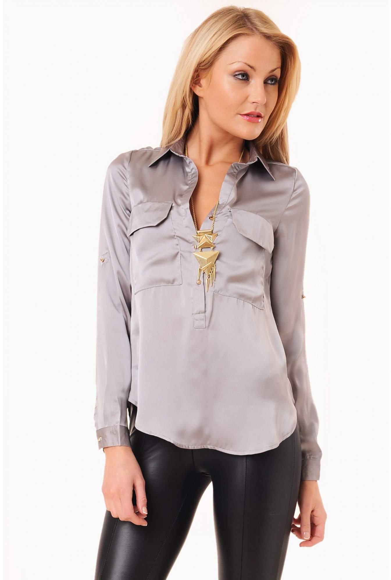 Maisy Satin Blouse in Silver | iCLOTHING