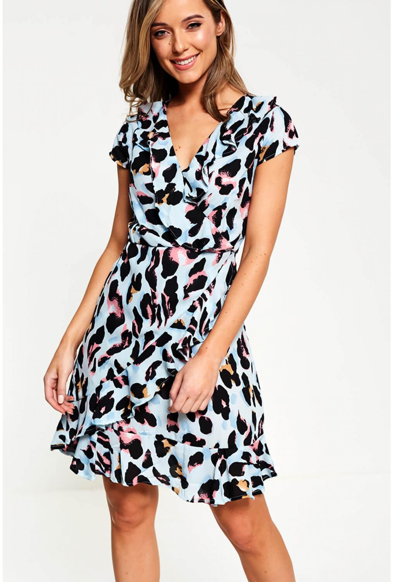 leopard print frill wrap dress