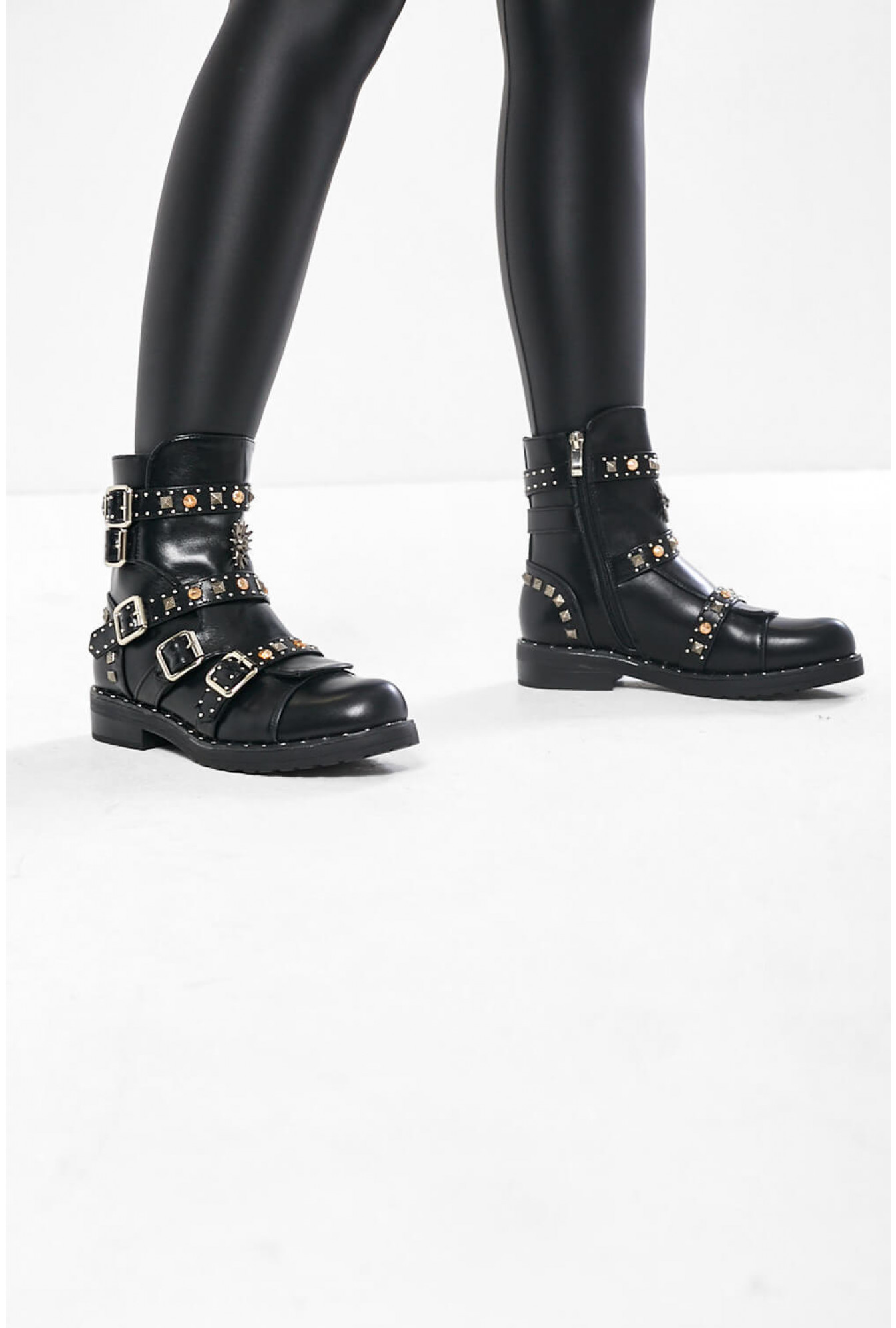 Faux Leather Studded Ankle Boots in Black