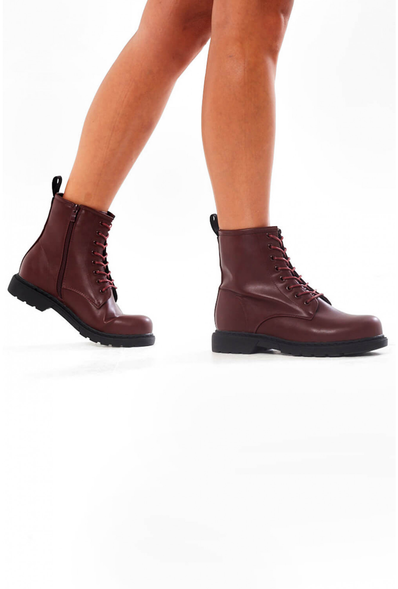 Lace Up Boots with Chunky Sole in Wine