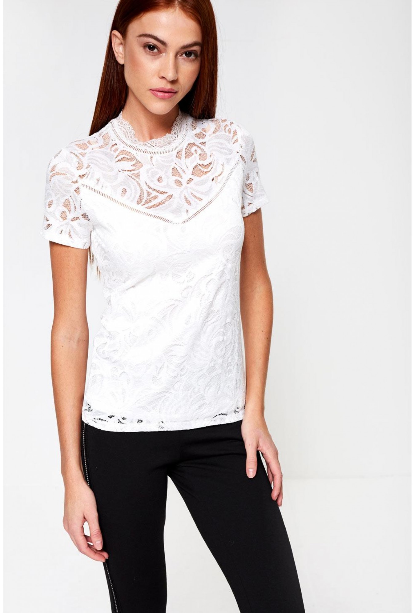 Vila Stasia Short Sleeve Lace Top in White | iCLOTHING
