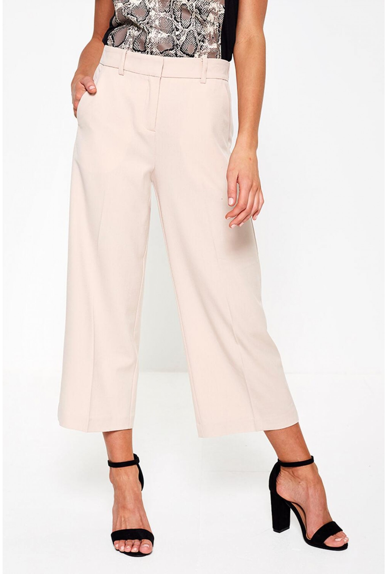 B.Young Danta Wide Leg Cropped Trousers in Beige | iCLOTHING
