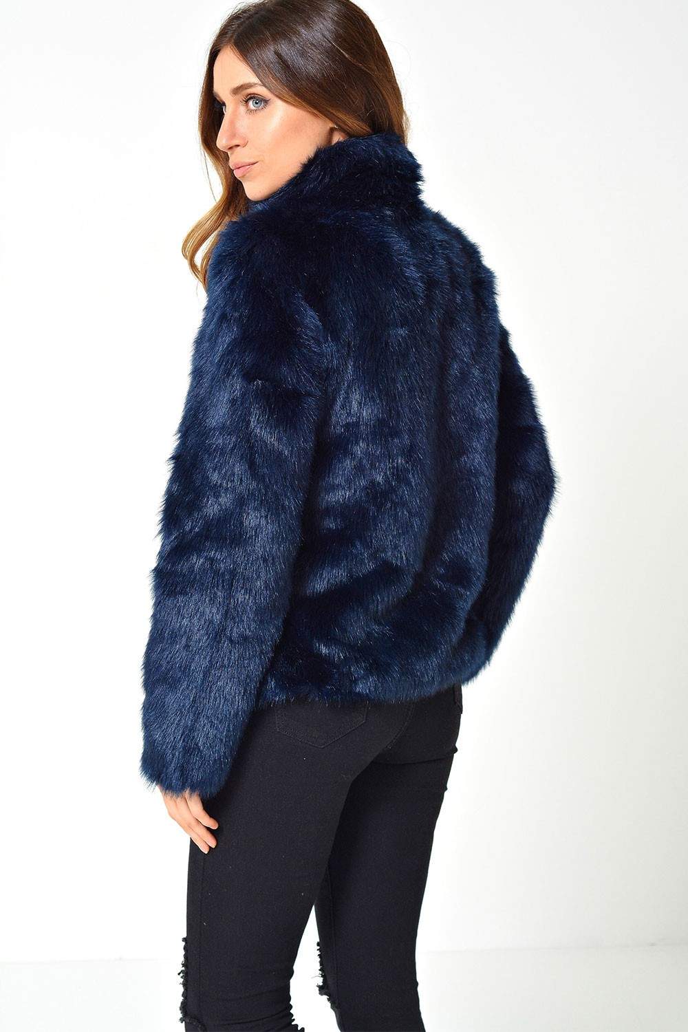 Vero Moda Bella Short Faux Fur Jacket in Navy | iCLOTHING