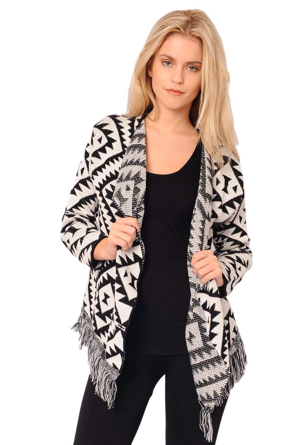 Frankie Aztec Waterfall Cardigan in Black and White | iCLOTHING