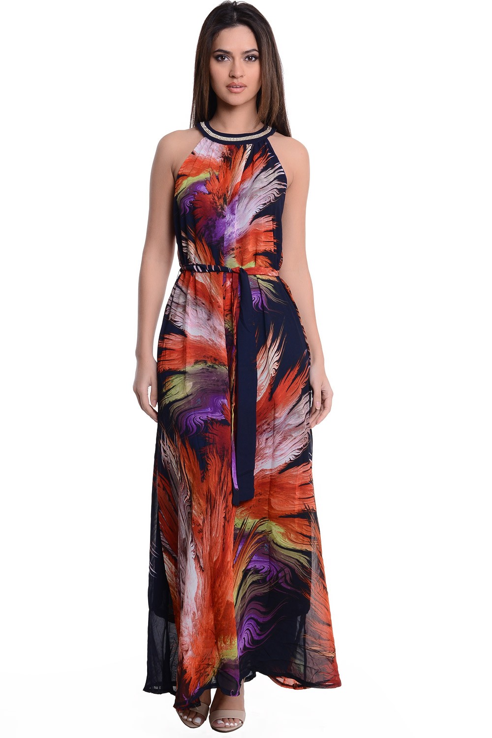 Christina Embellished Neck Print Maxi Dress | iCLOTHING