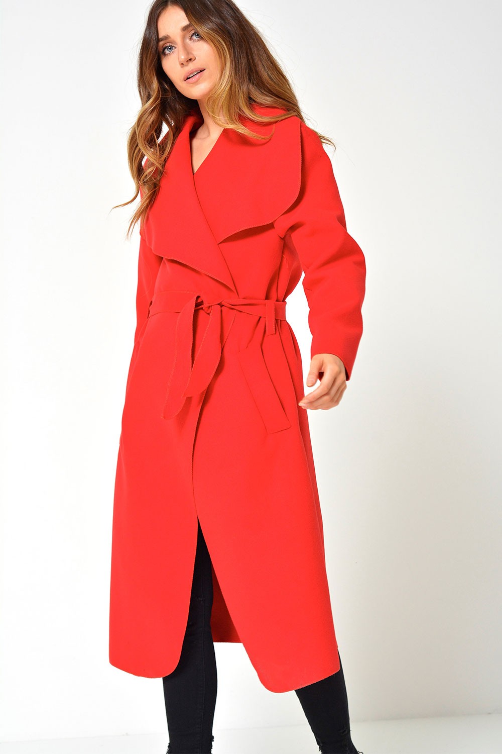 Faith Belted Wrap Coat in Red | iCLOTHING