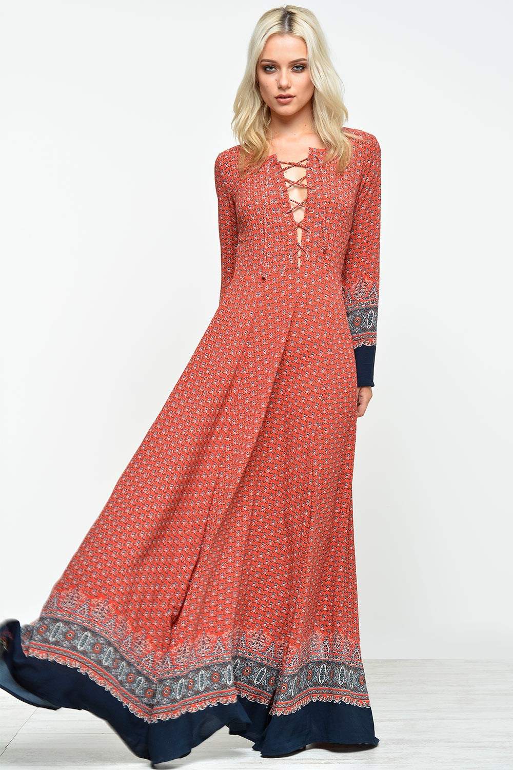 Glamorous Kate Border Print Lace Up Maxi Dress | iCLOTHING