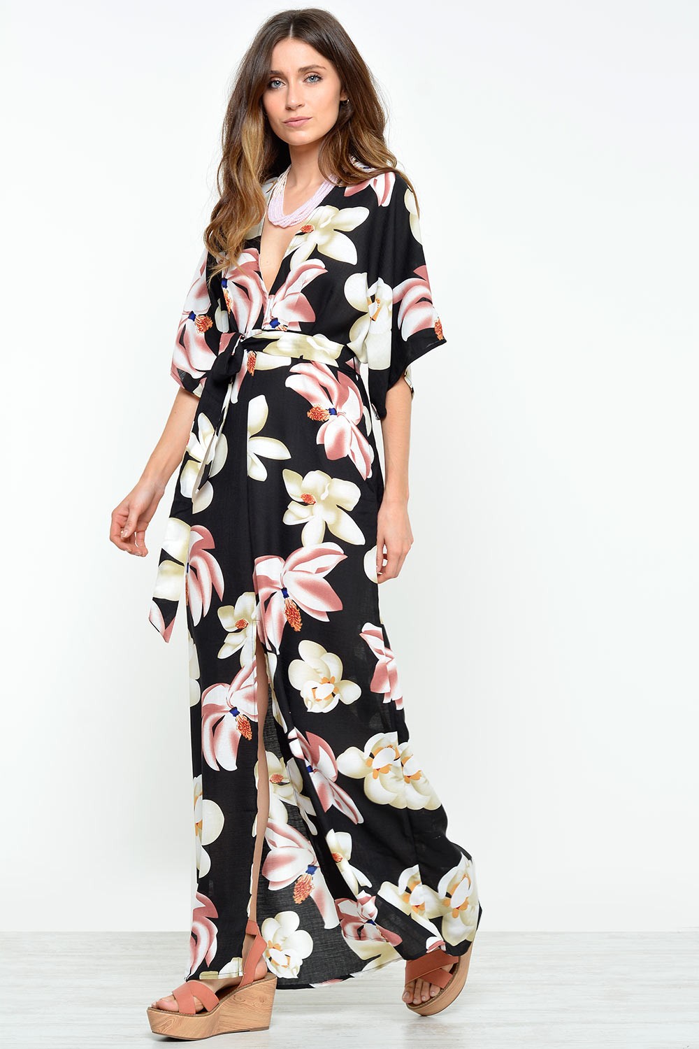 Glamorous Una Floral Kimono Style Maxi Dress in Black | iCLOTHING