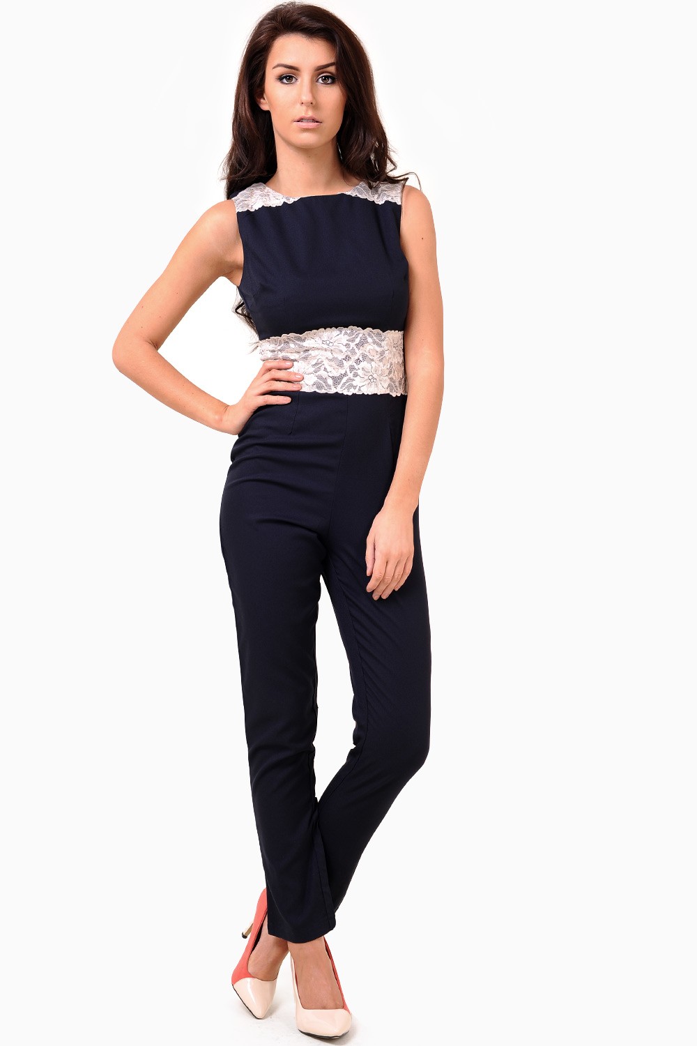 AX Paris Gillian Lace Contrast Jumpsuit in Navy | iCLOTHING