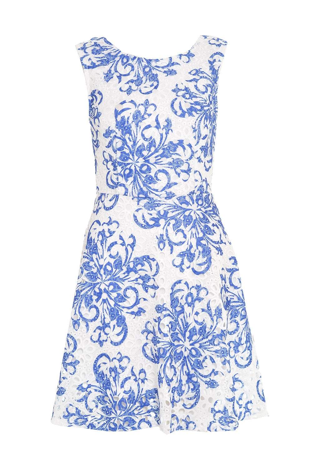 Stella Halle Crochet Paisley Print Skater Dress in Blue | iCLOTHING