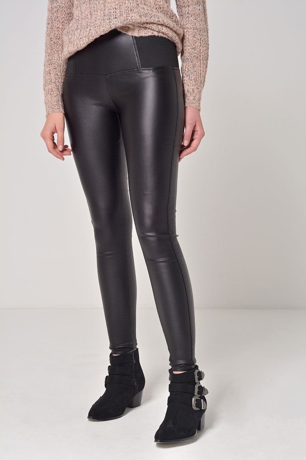 Denim Club Celine Elastic Waist Coated Trousers in Black | iCLOTHING