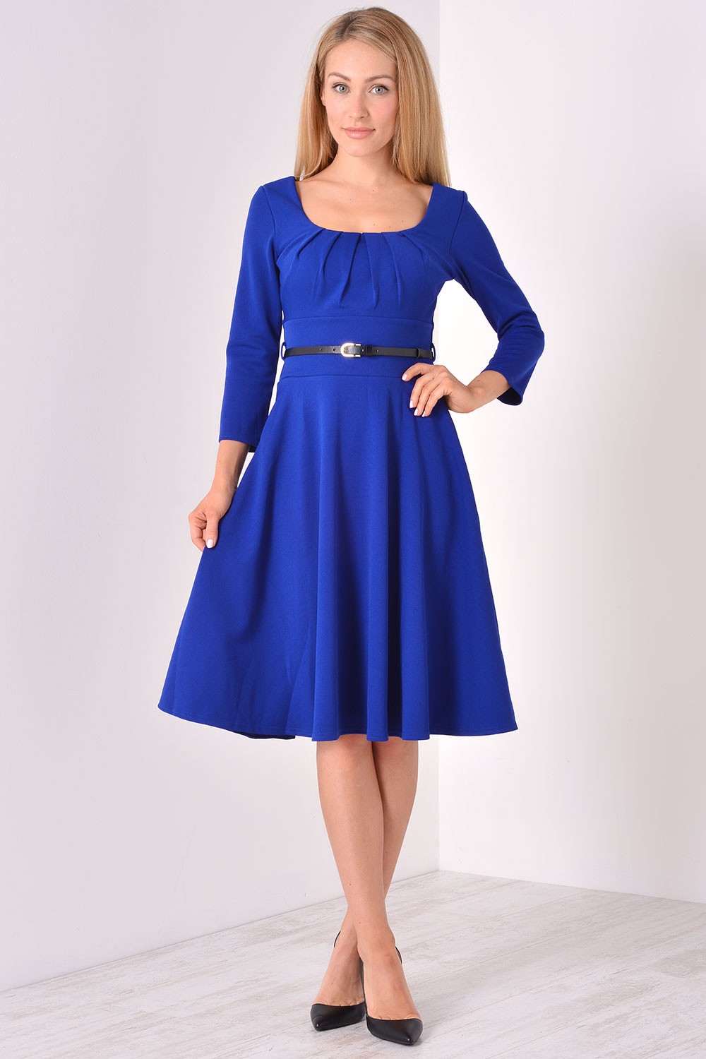 Goddiva Flavia Full Skirt Midi Dress With Belt in Blue | iCLOTHING