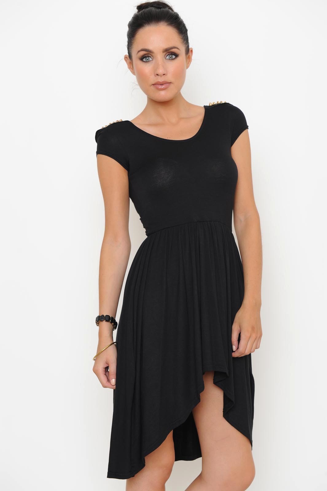 Rachel Stud Dip Hem Dress in Black | iCLOTHING