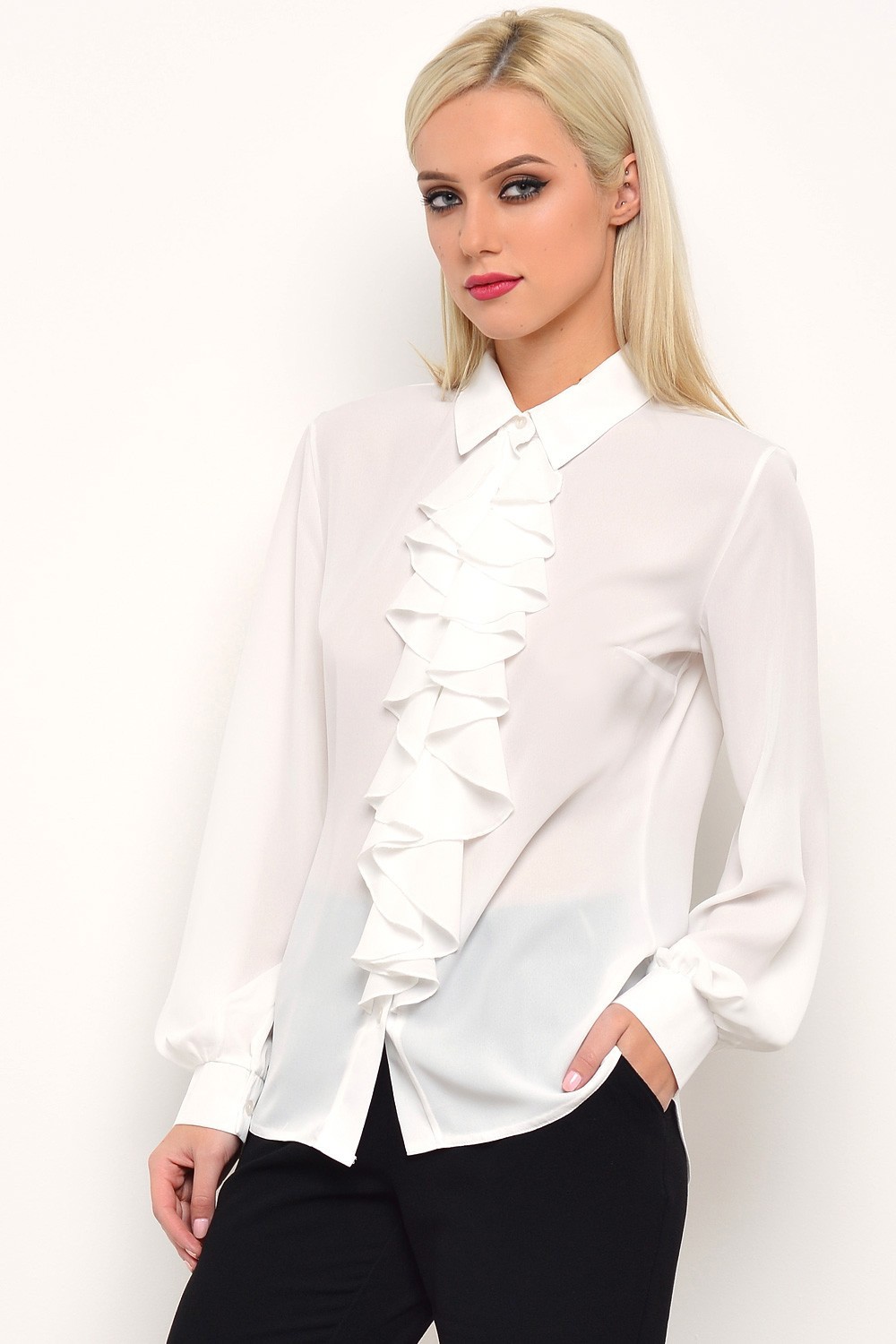 Ad Lib Misty Ruffle Blouse in White | iCLOTHING