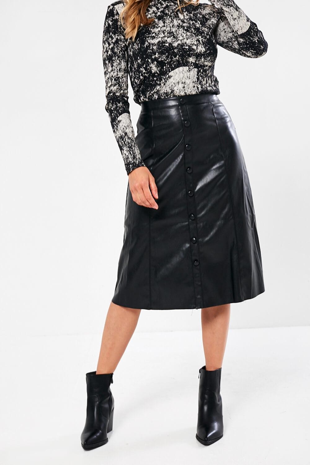 Marc Angelo Gill A-Line Faux Leather Midi Skirt in Black | iCLOTHING