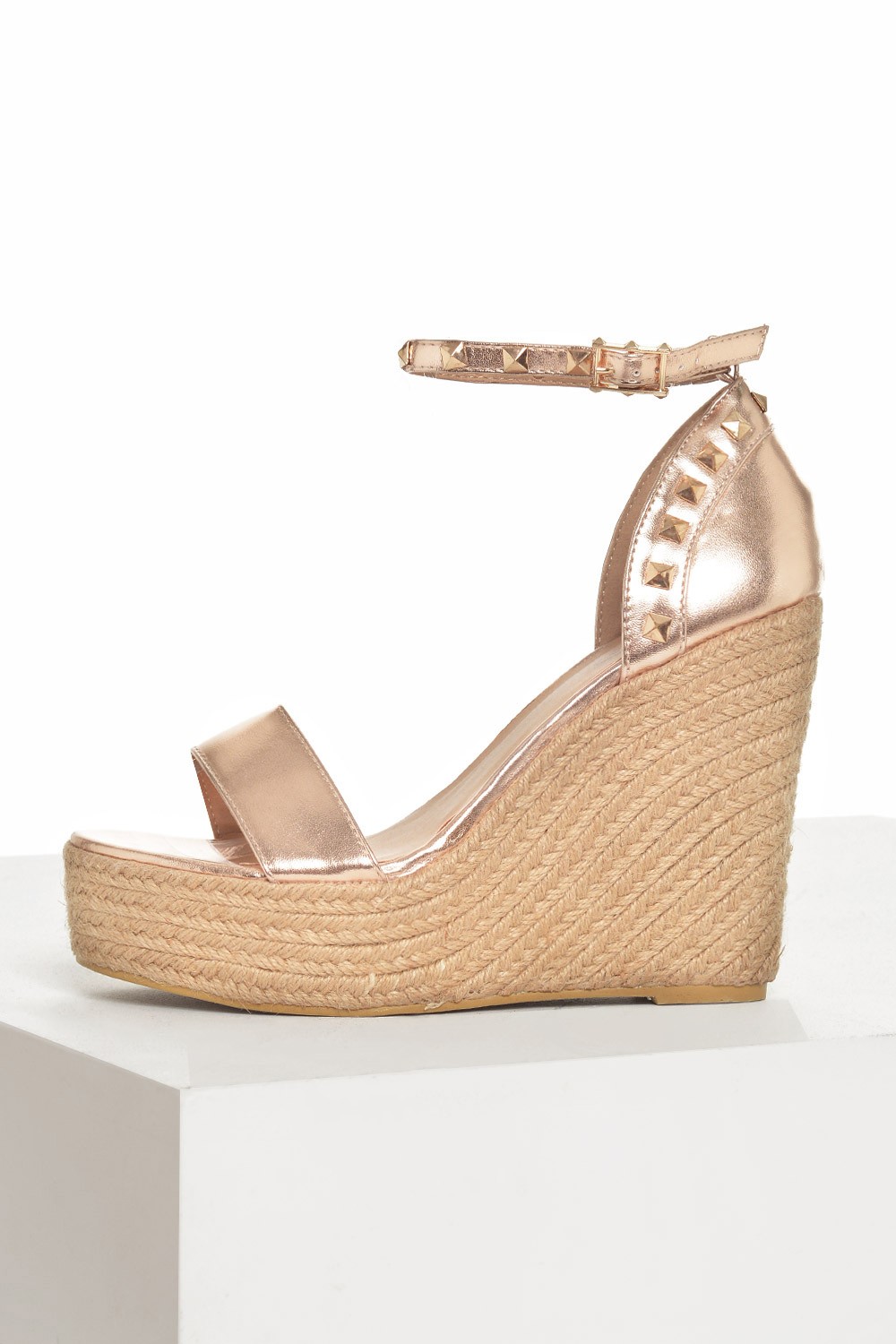 No Doubt Rachel Studded Espadrille Wedges in Rose Gold | iCLOTHING