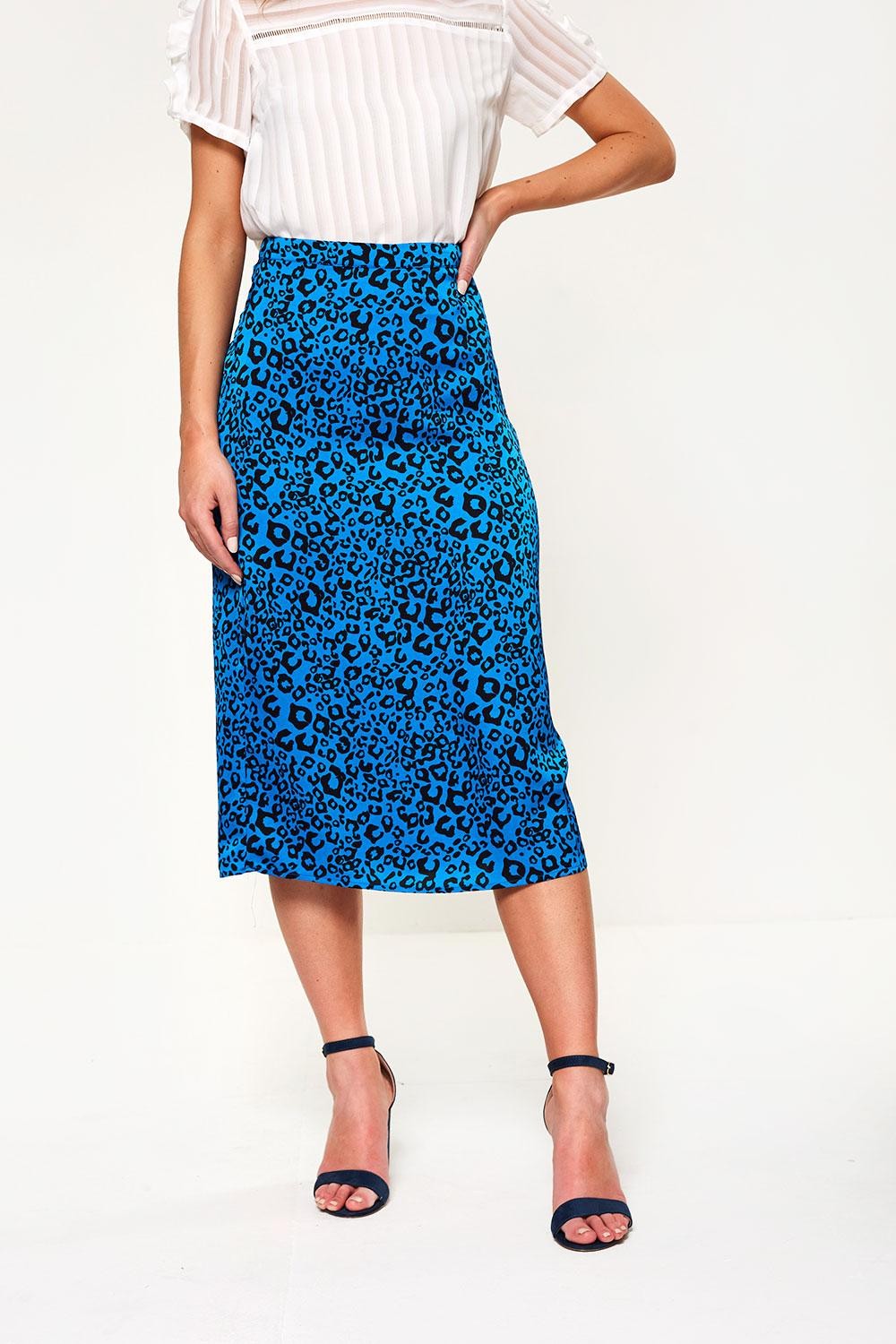 Vila Satin Leopard Print Skirt in Blue | iCLOTHING