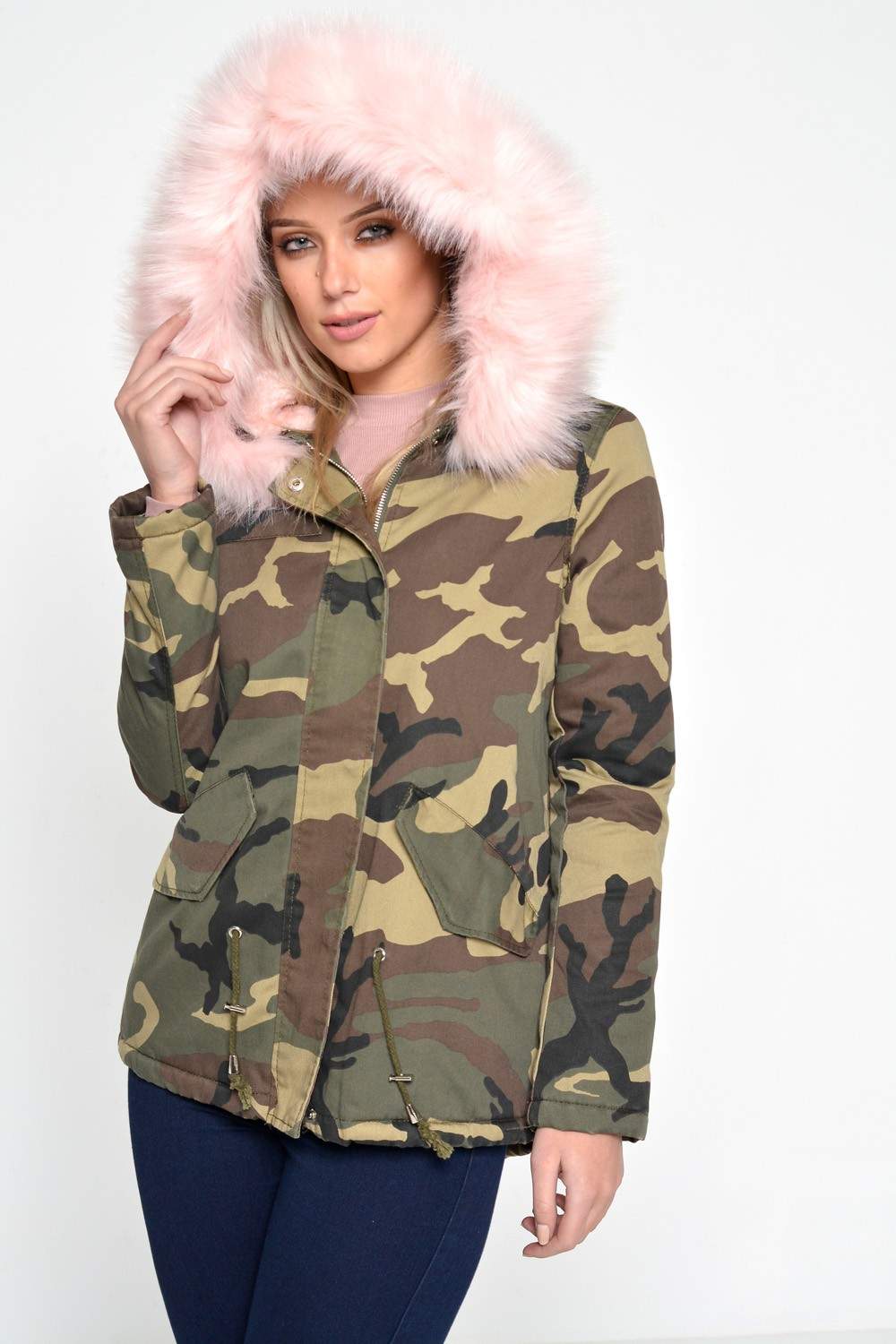 Yu Me Polly Camouflage Fur Trim Jacket in Pink | iCLOTHING