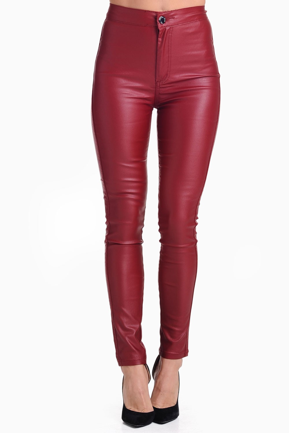 KISS Alexa High Waisted Leather Look Trousers in Burgundy | iCLOTHING