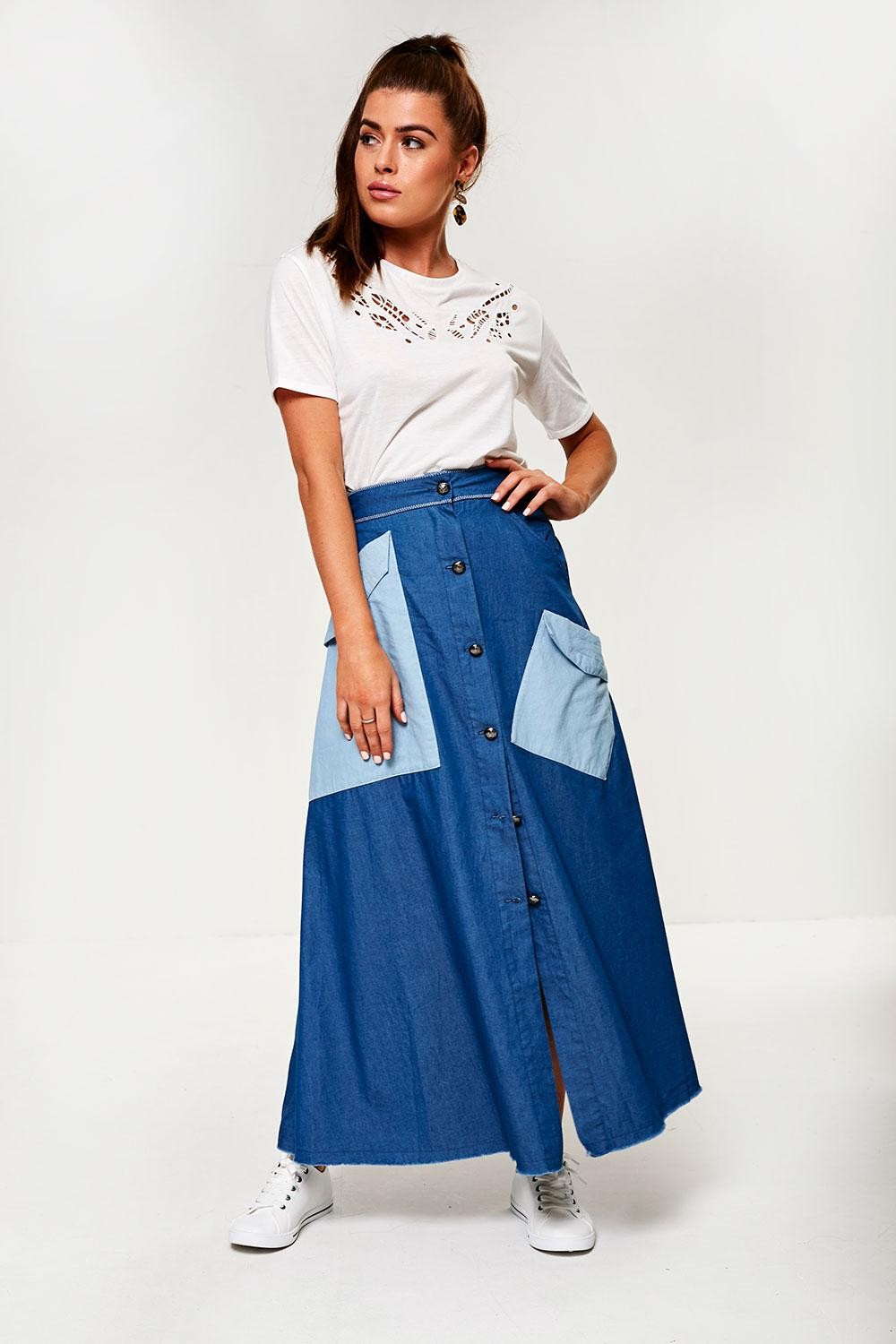 patchwork denim maxi skirt