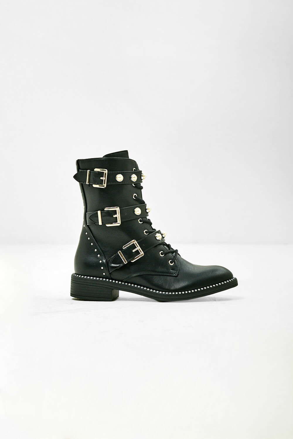 No Doubt Pearl Detail Biker Boots in Black | iCLOTHING