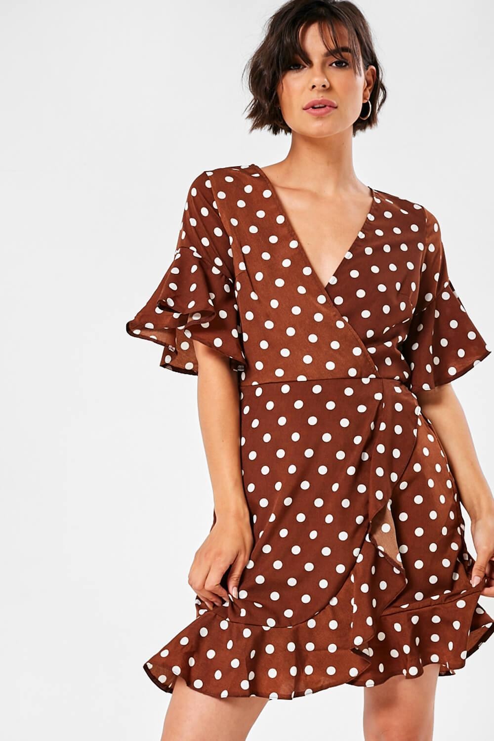 AX Paris Sabine Frill Wrap Dress in Brown Polka Dot | iCLOTHING