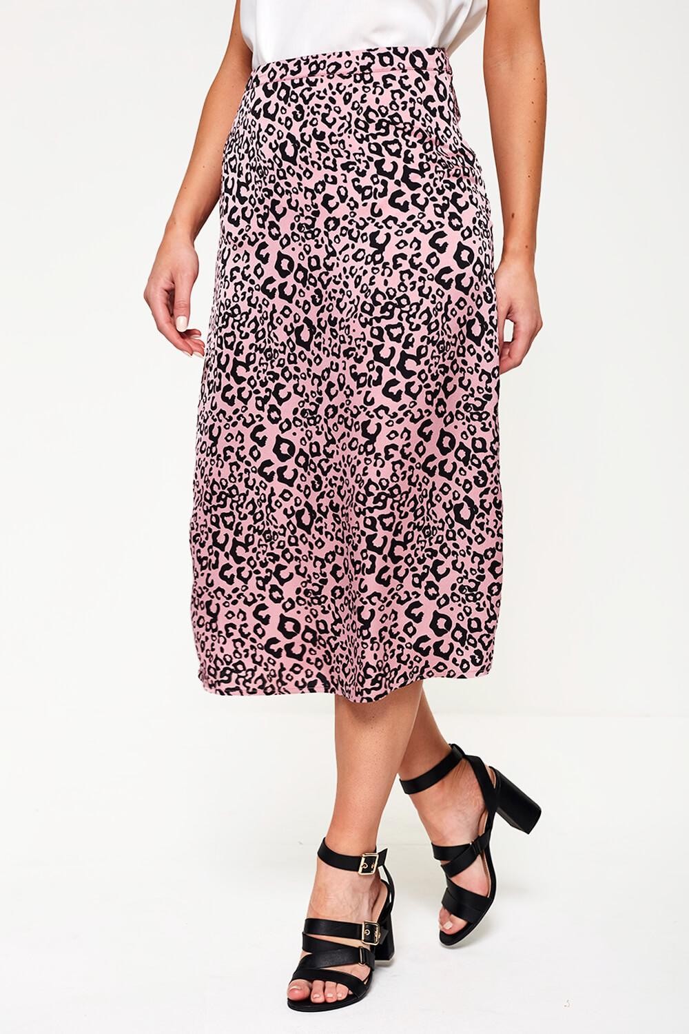 Vila Satin Leopard Print Skirt in Pink | iCLOTHING