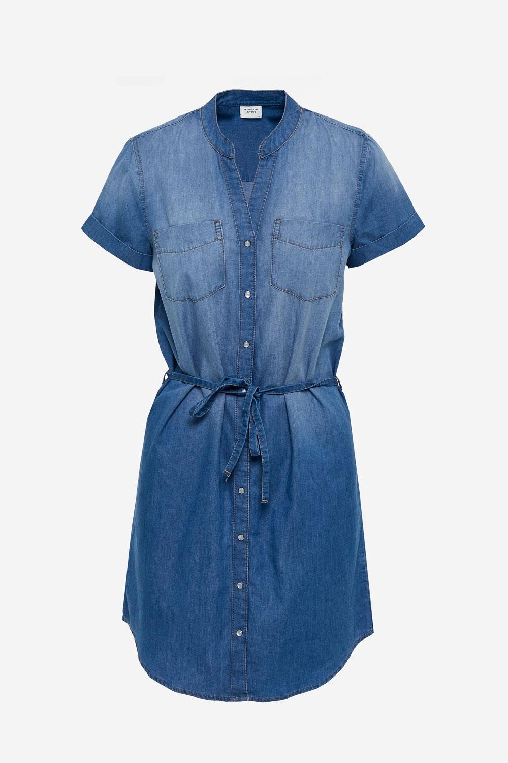 JDY Short Sleeve Denim Shirt Dress in Mid Wash Blue | iCLOTHING
