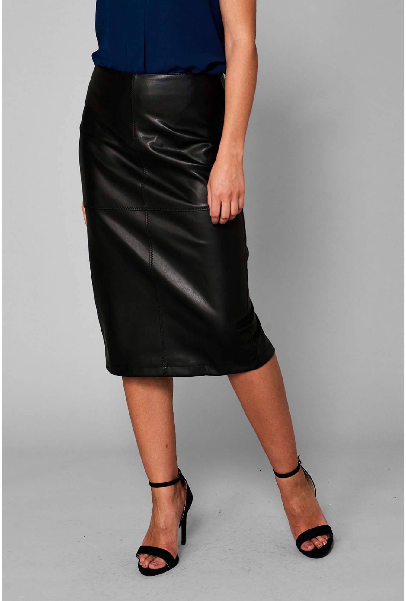 Vila Pen Faux Leather Midi Pencil Skirt in Black | iCLOTHING
