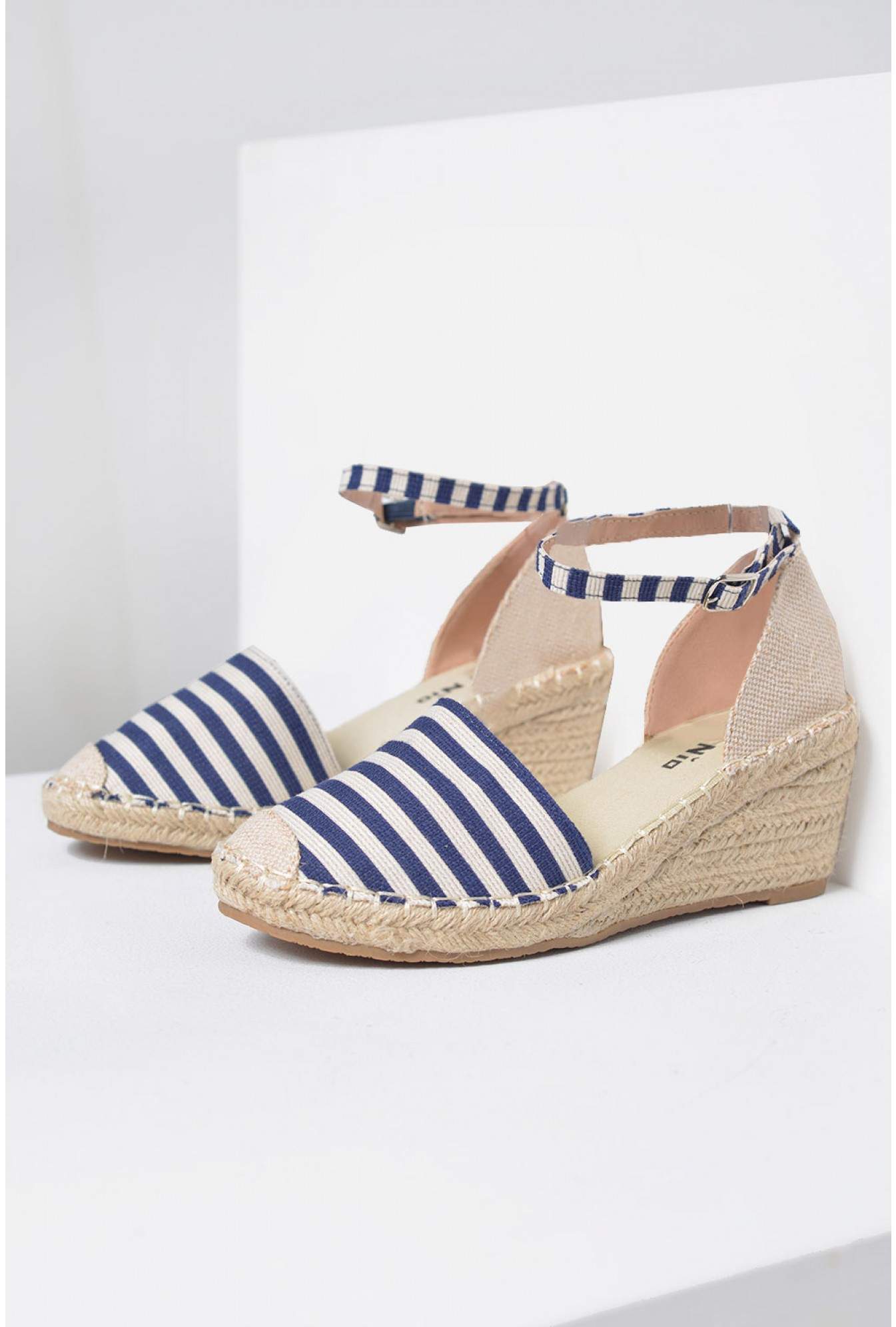 No Doubt Mimi Striped Espadrille Wedges in Navy | iCLOTHING
