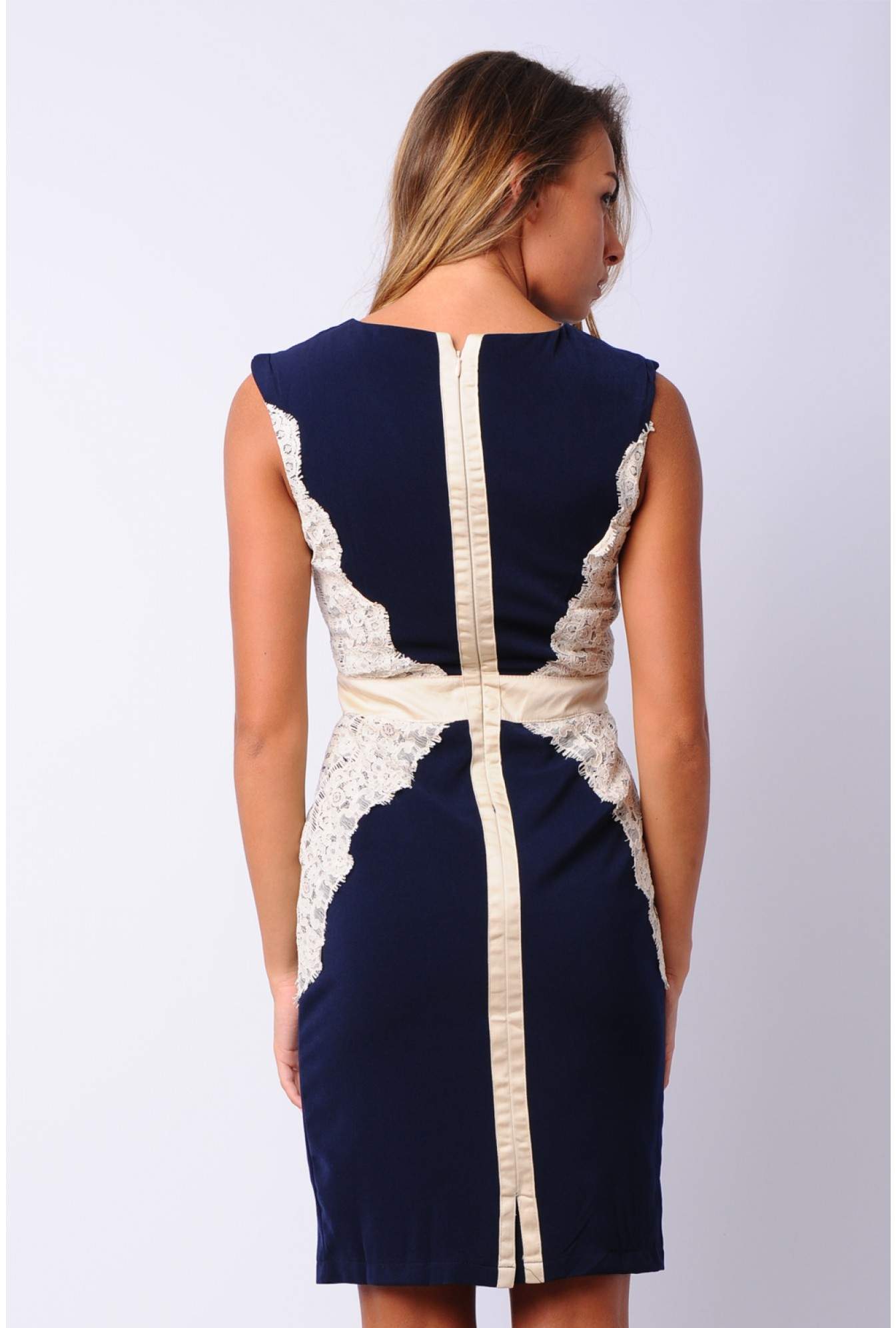 Theresa Lace Panel Midi Dress in Navy | iCLOTHING