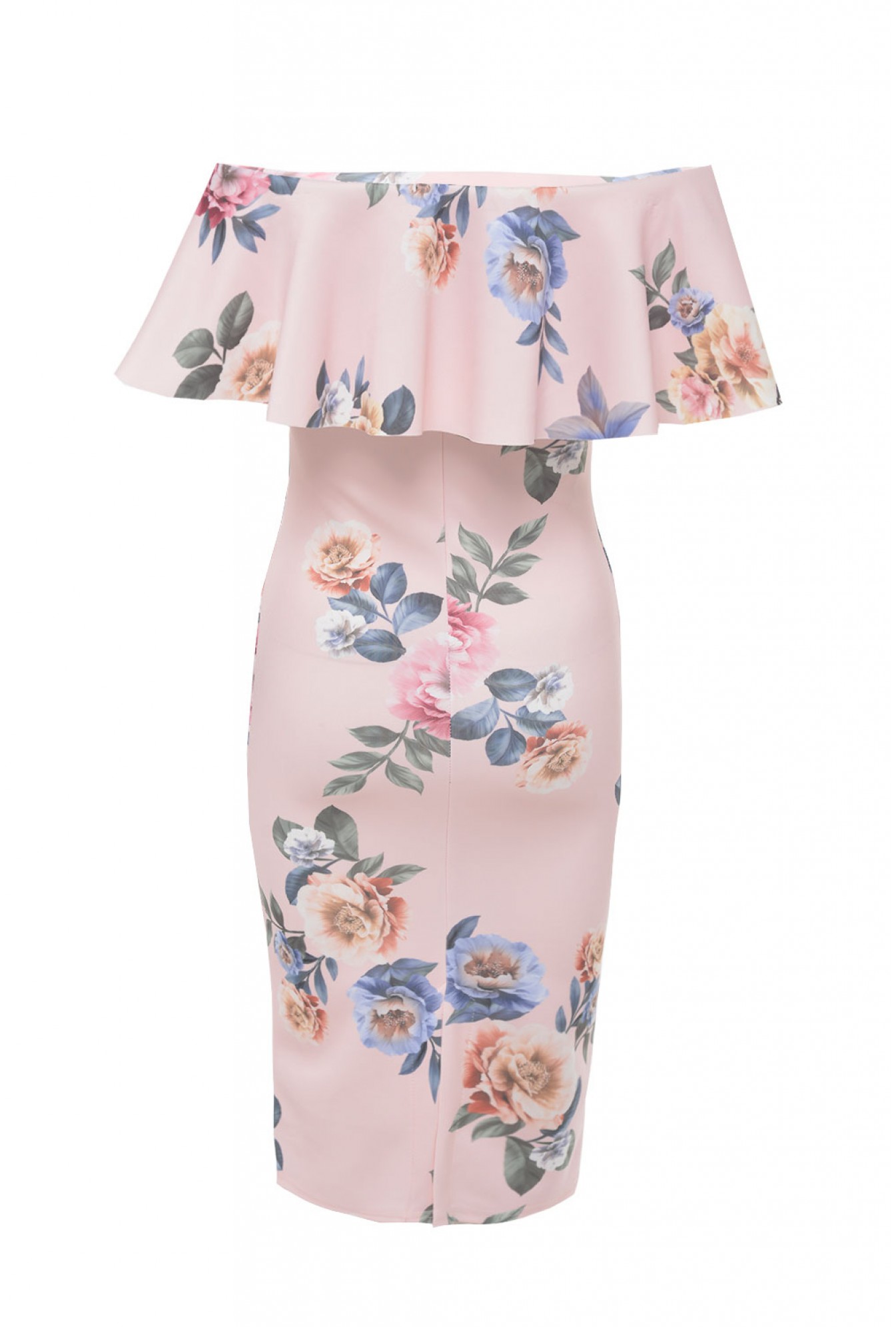 Evita Lenox Off Shoulder Frill Floral Dress in Blush | iCLOTHING