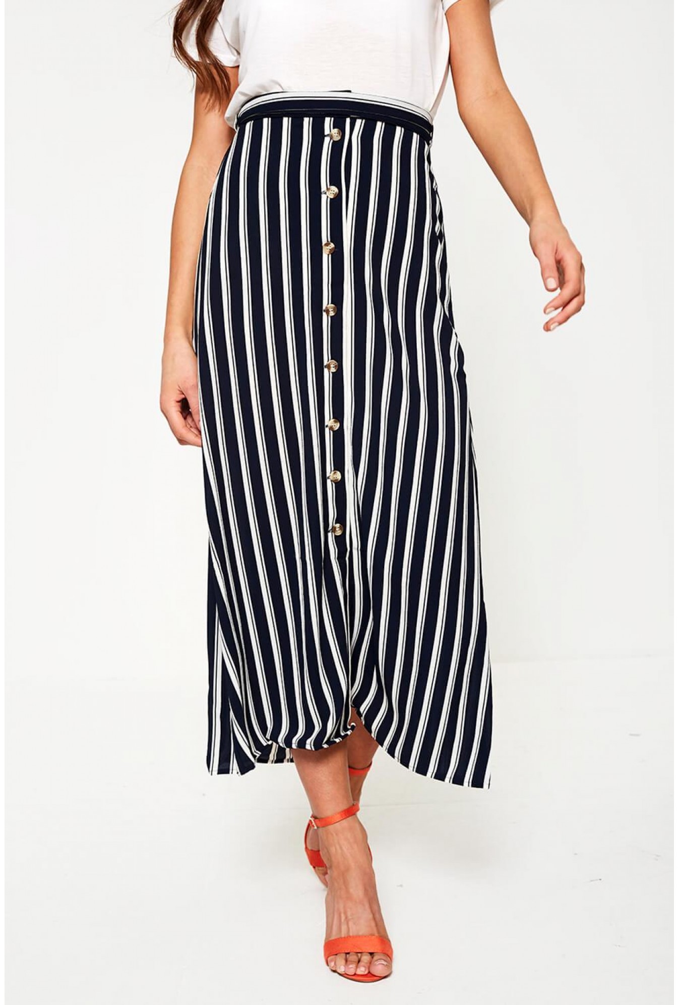 Vero Moda Button Front Ankle Skirt in Navy and White Stripe | iCLOTHING