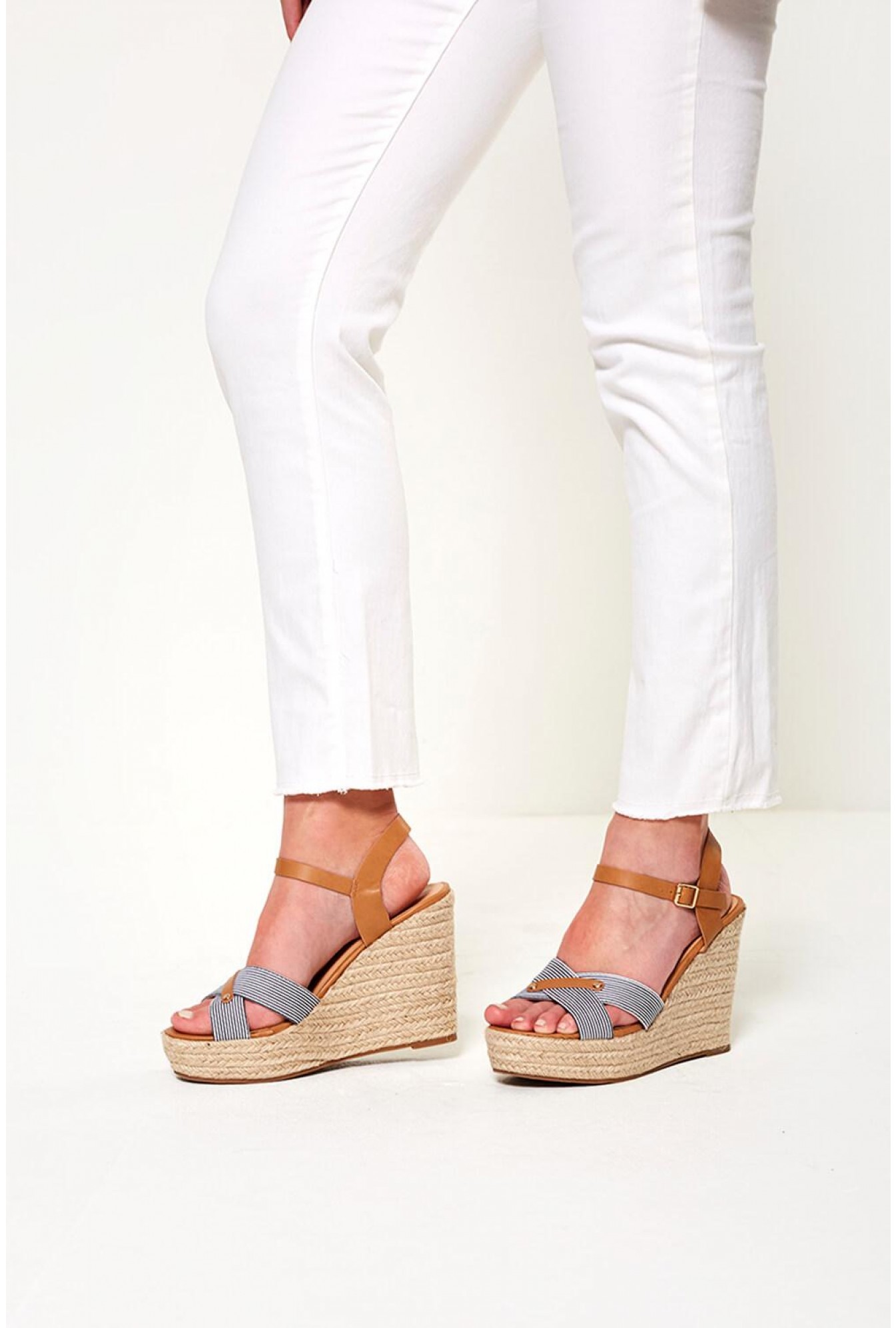 No Doubt Navy Stripe Espadrille Wedges | iCLOTHING