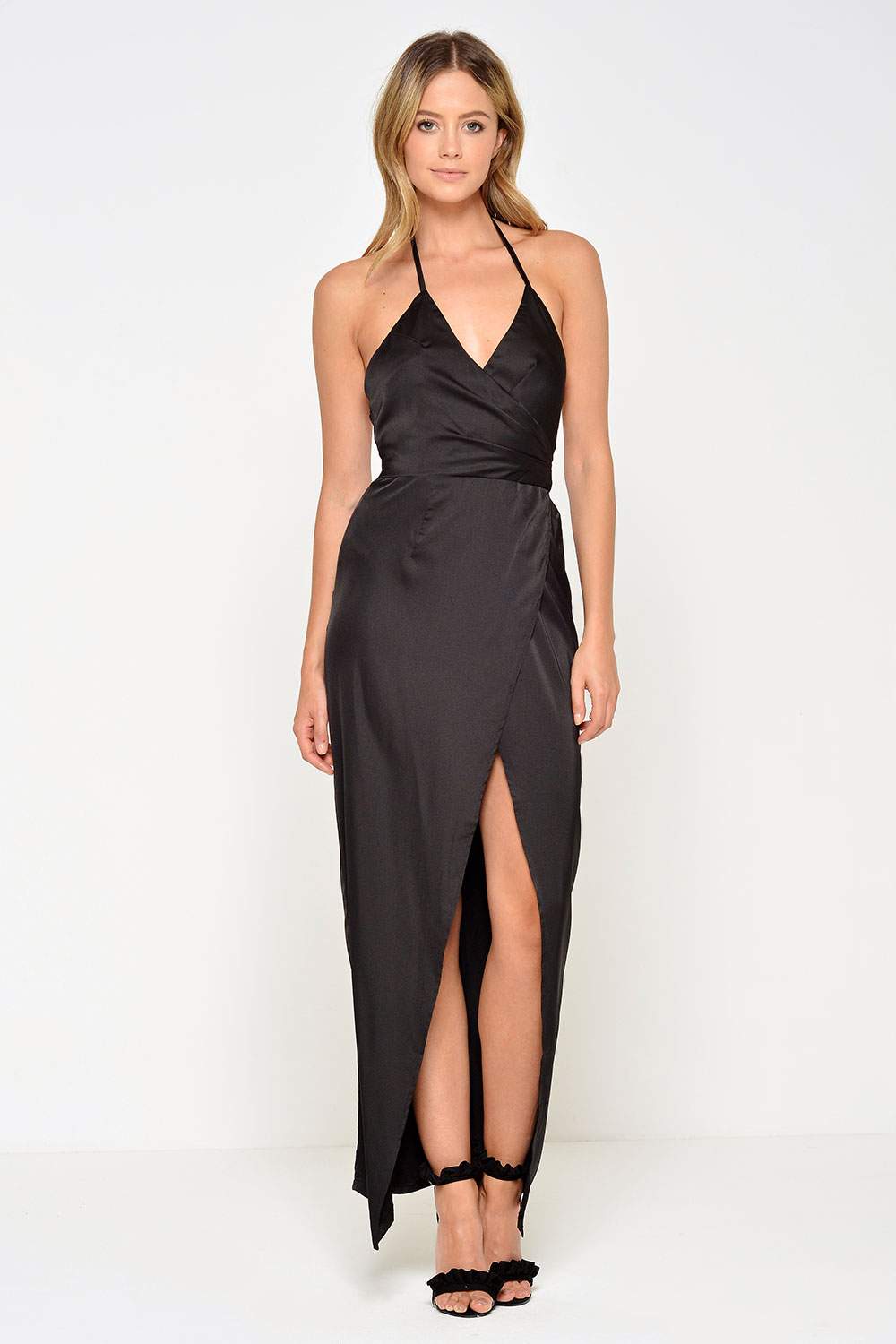 Stella Nadia Satin Wrap Maxi Dress in Black | iCLOTHING - iCLOTHING