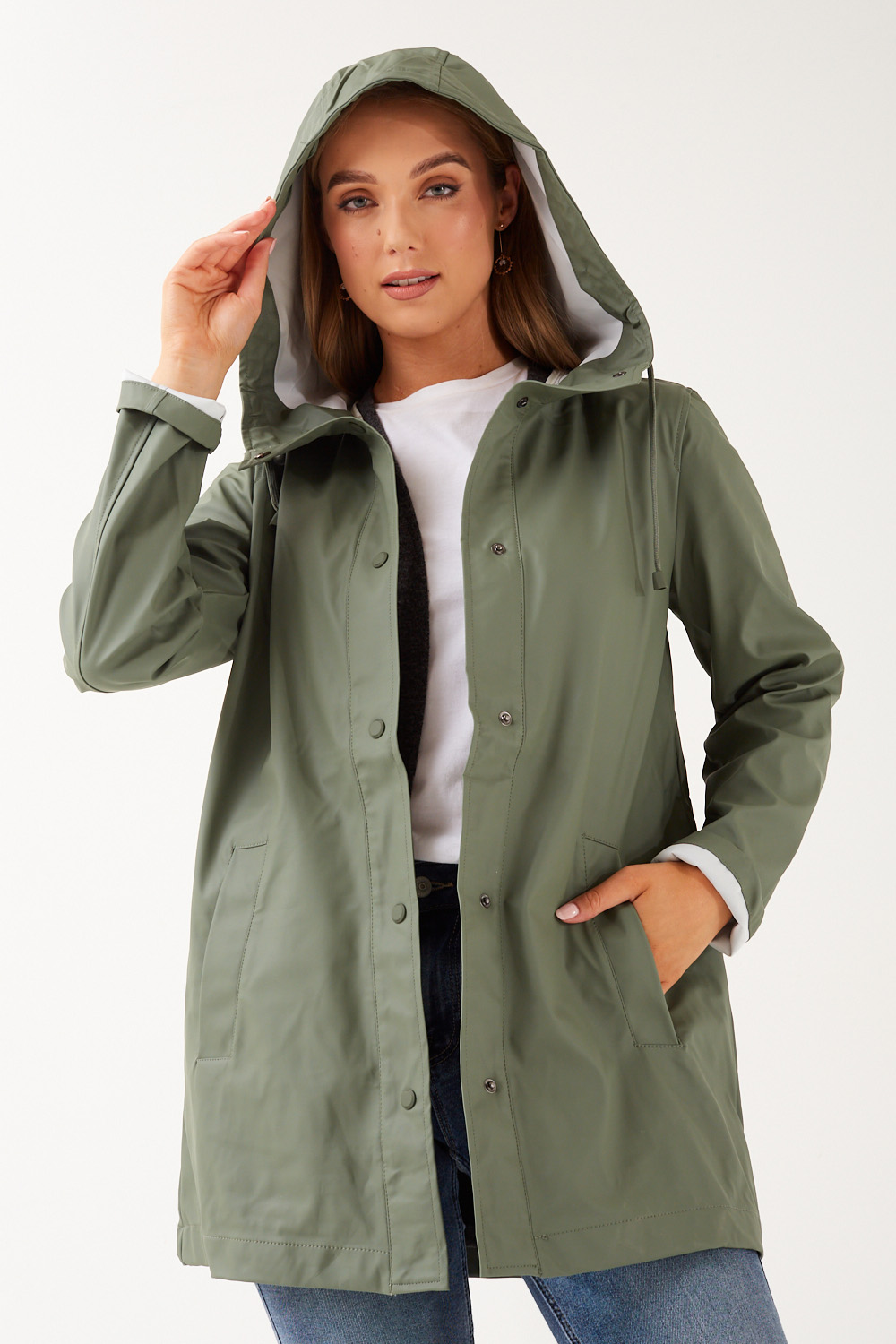 Only Ellen Hooded Waterproof Raincoat in Khaki Green | iCLOTHING ...