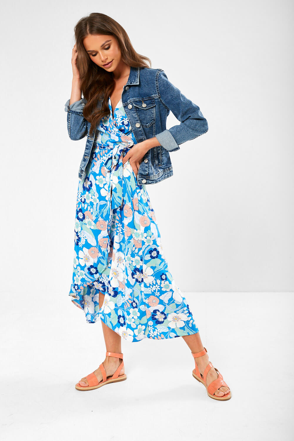 Marc Angelo Floral Midi Wrap Dress in Blue | iCLOTHING - iCLOTHING
