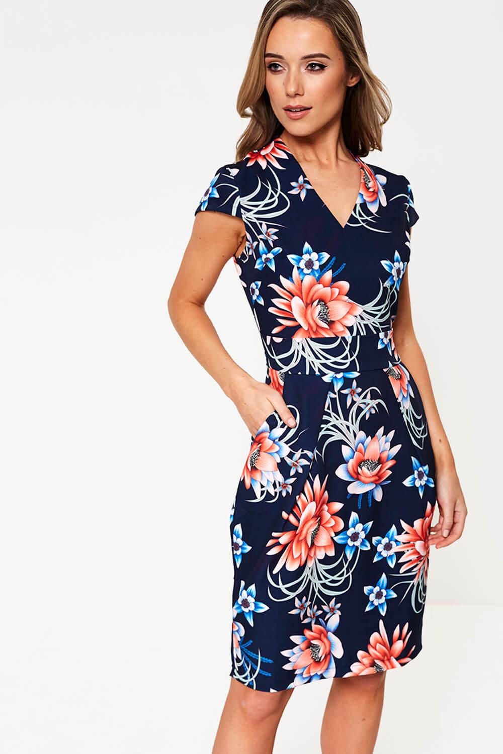 Marc Angelo Onyx Floral Print Belted Dress in Navy | iCLOTHING - iCLOTHING