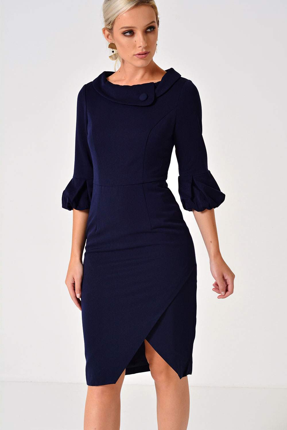Jolie Moi Audrey 3/4 Frill Sleeve Dress in Navy | iCLOTHING - iCLOTHING