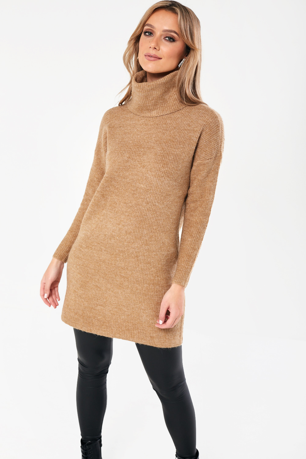 Only Jana Roll Neck Jumper Dress In Tan Iclothing Iclothing